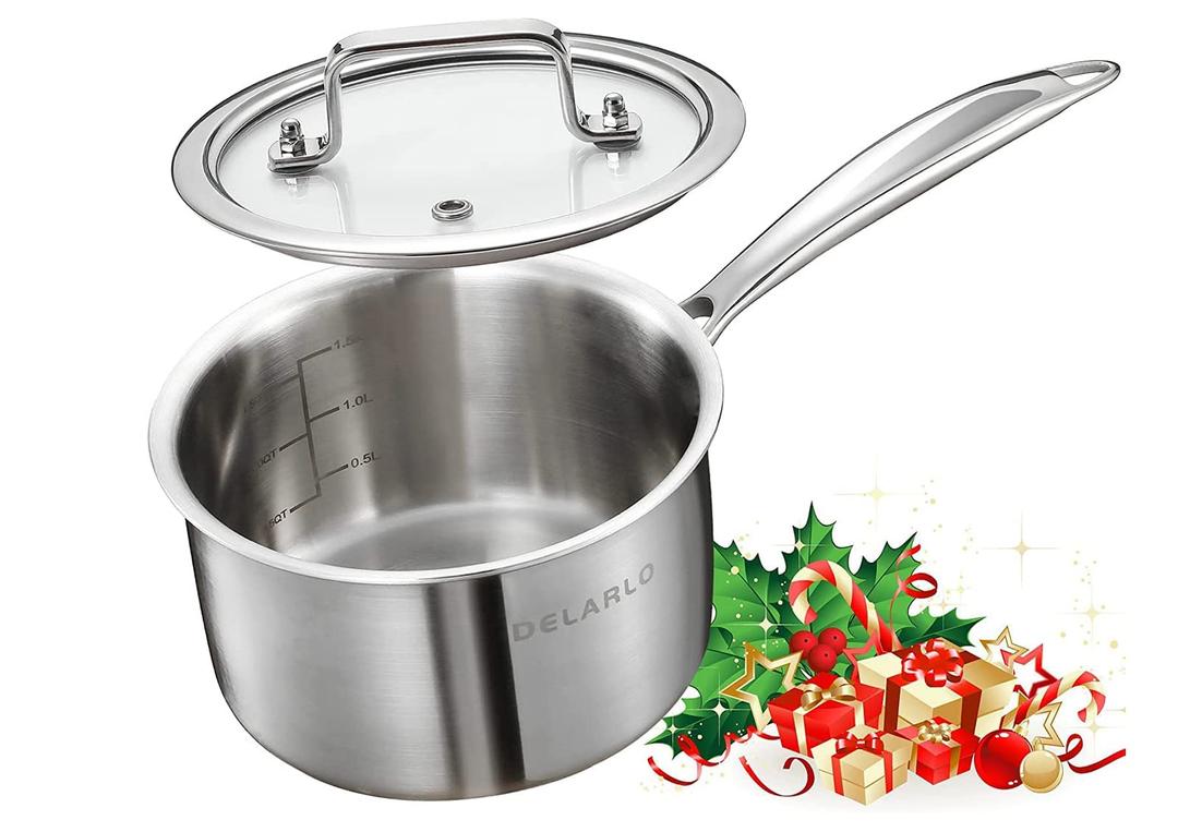 DELARLO Tri-Ply Stainless Steel Sauce Pan, Stainless Steel Pot 2 QT, All Stove Compatible 600℉(Lids 300℉), 2 Quart Saucepan with Lid, Fast Even Heat, 2 QT Pot with Lid, Dishwasher Safe, Induction Pot