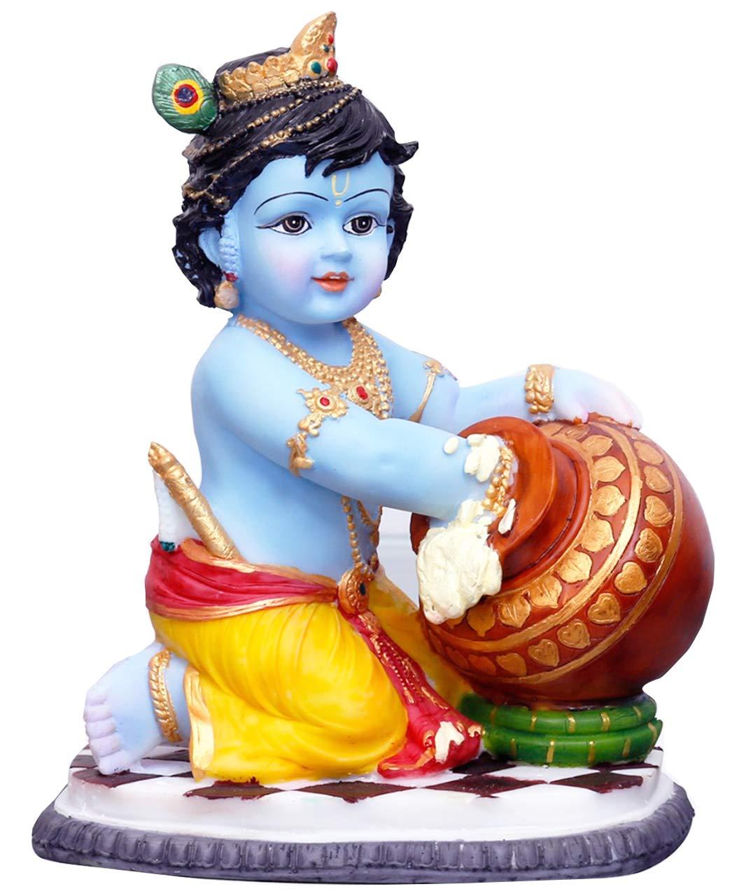 SrI Krishna CULTURE- Big Krishna Murti with Maakhan Pot on Turban-(Height-8 Inches)-Polyster Resin-Multicolour-Idol for Temple & Decor