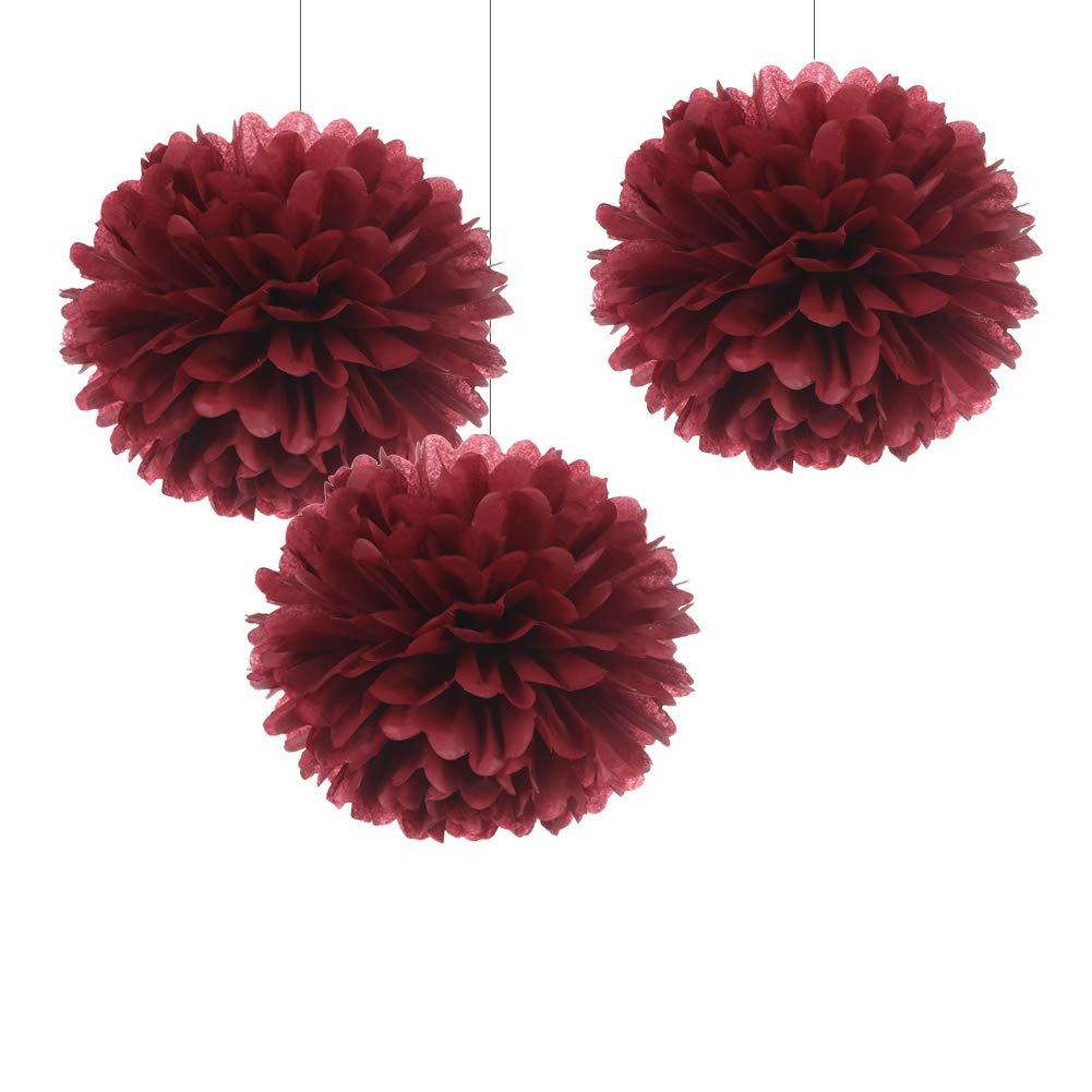 12" Burgundy Tissue Pom Poms DIY Hanging Paper Flower Balls for Bridal Shower Birthday Party Wedding Backdrop Dessert Table Decoration Supplies, Pack of 12