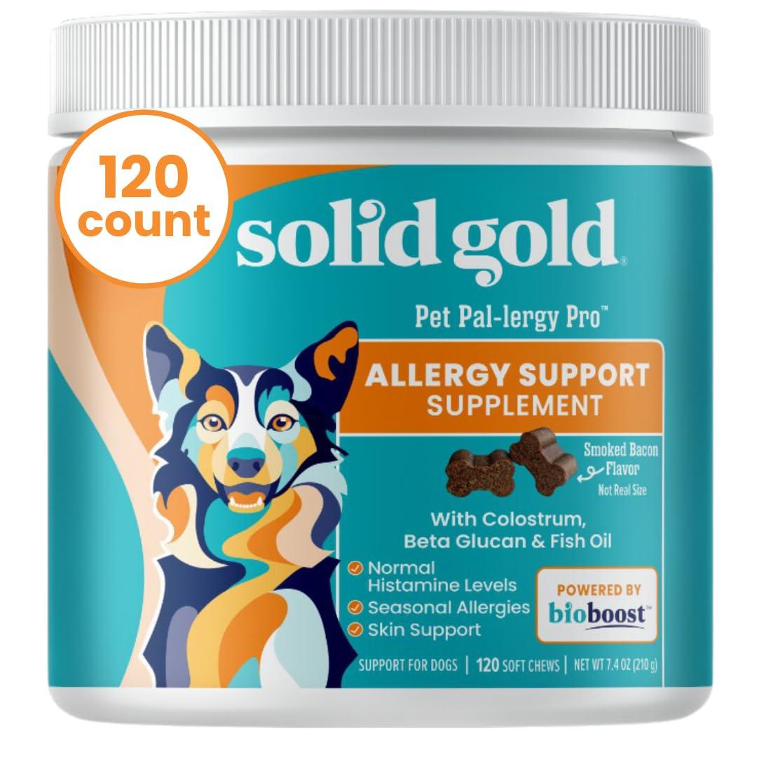 Solid GoldDog Allergy Chews - Itch Relief with Wild Alaskan Salmon Oil, Colostrum & Beta Glucan - Anti-Itch for Seasonal Allergies - Bacon Flavor - 120 Count