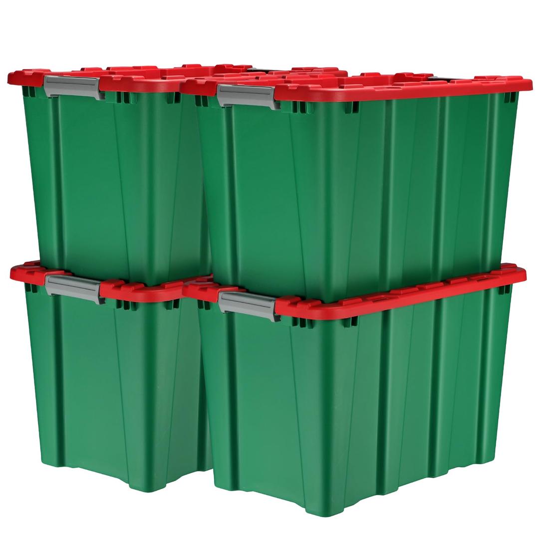 BROVIEW V12 16 Gal Heavy Duty Plastic Storage Bins with Lock Hole & Handle, Stackable Tough Tote Storage Box Containers with Latching Lids for Christmas Holiday Ornament (Green Base/Red Lid, 4 Pack)