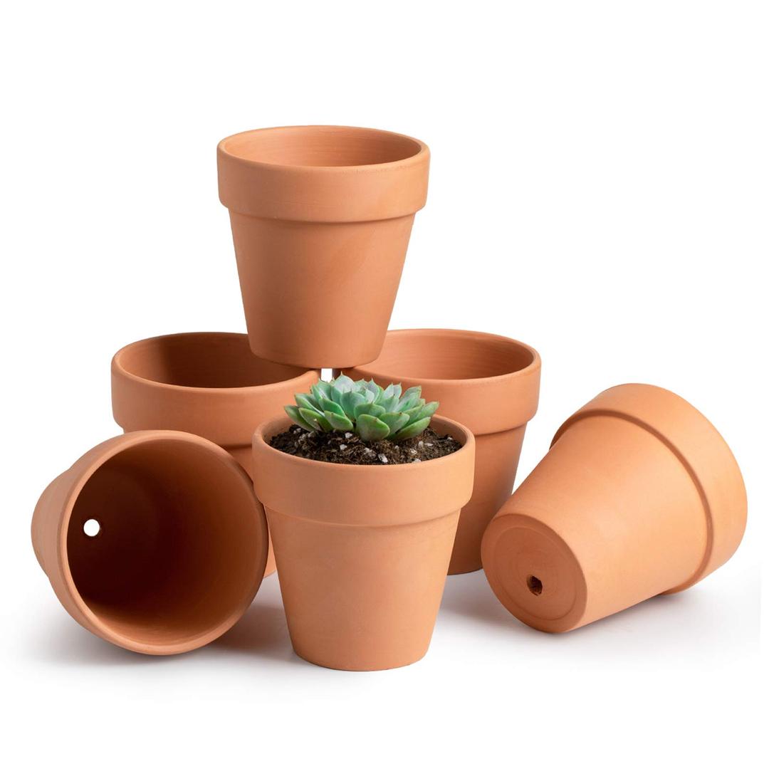 POTEY 020161 Terracotta Flower Pot Terra Cotta Clay Planter - 4.1 Inch with Drain Hole for Succulent Cactus - Set of 6, Unglazed