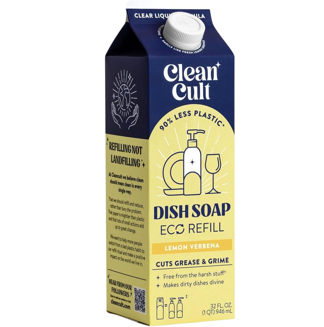 Cleancult Dish Soap Liquid Refill (32oz, 1 Pack) - Plant Based Cleaning Power - Dish Soap that Cuts Grease & Grime - Free of Harsh Chemicals - Uses 90% Less Plastic - Lemon Verbena