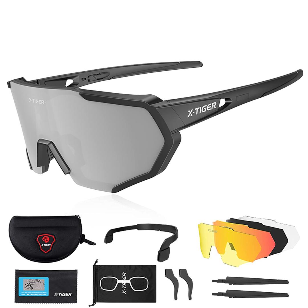 X-TIGER Polarized Sports Sunglasses with 5 Interchangeable Lenses,Mens Womens Cycling Bike Glasses,Baseball Running Fishing