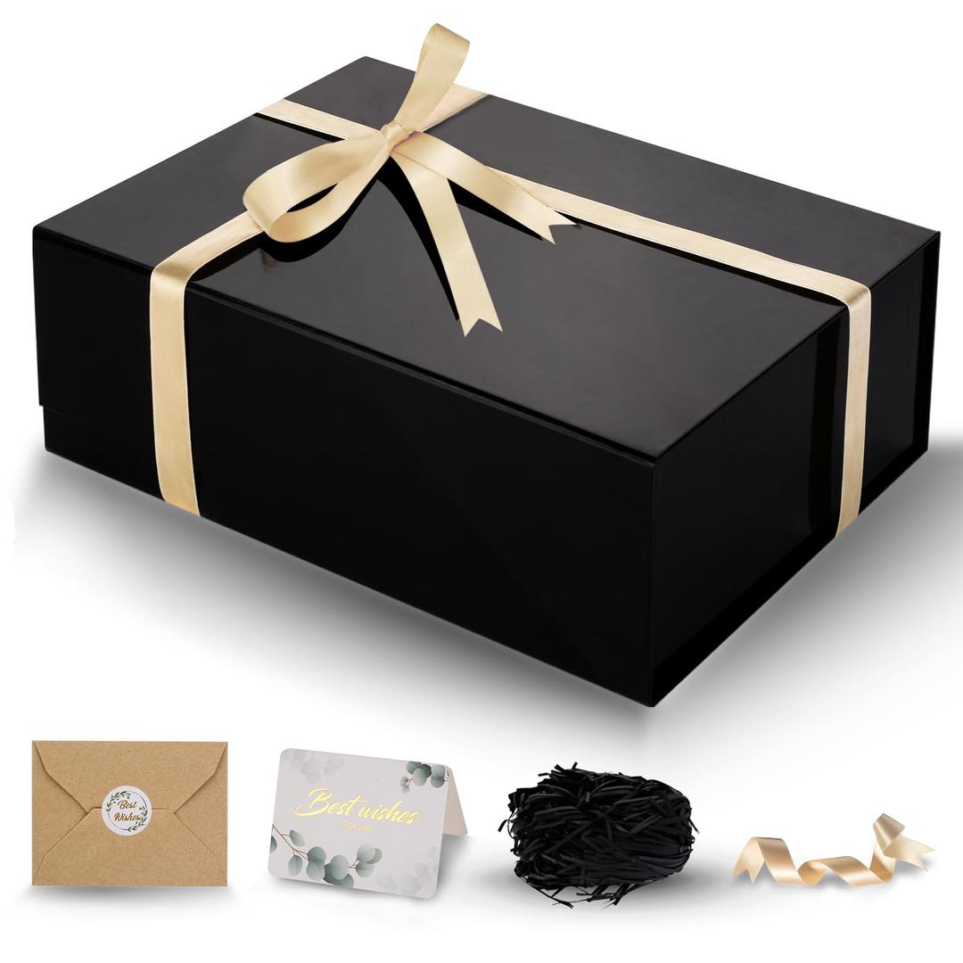 DUOTAN Large Gift Box with Lid, 13.5 x 10 x 3.5 Inch Black Magnetic Gift Box for Presents with Card, Ribbon, Shredded Paper Filler, Gift Box for Birthday, Wedding, Christmas (Glossy)