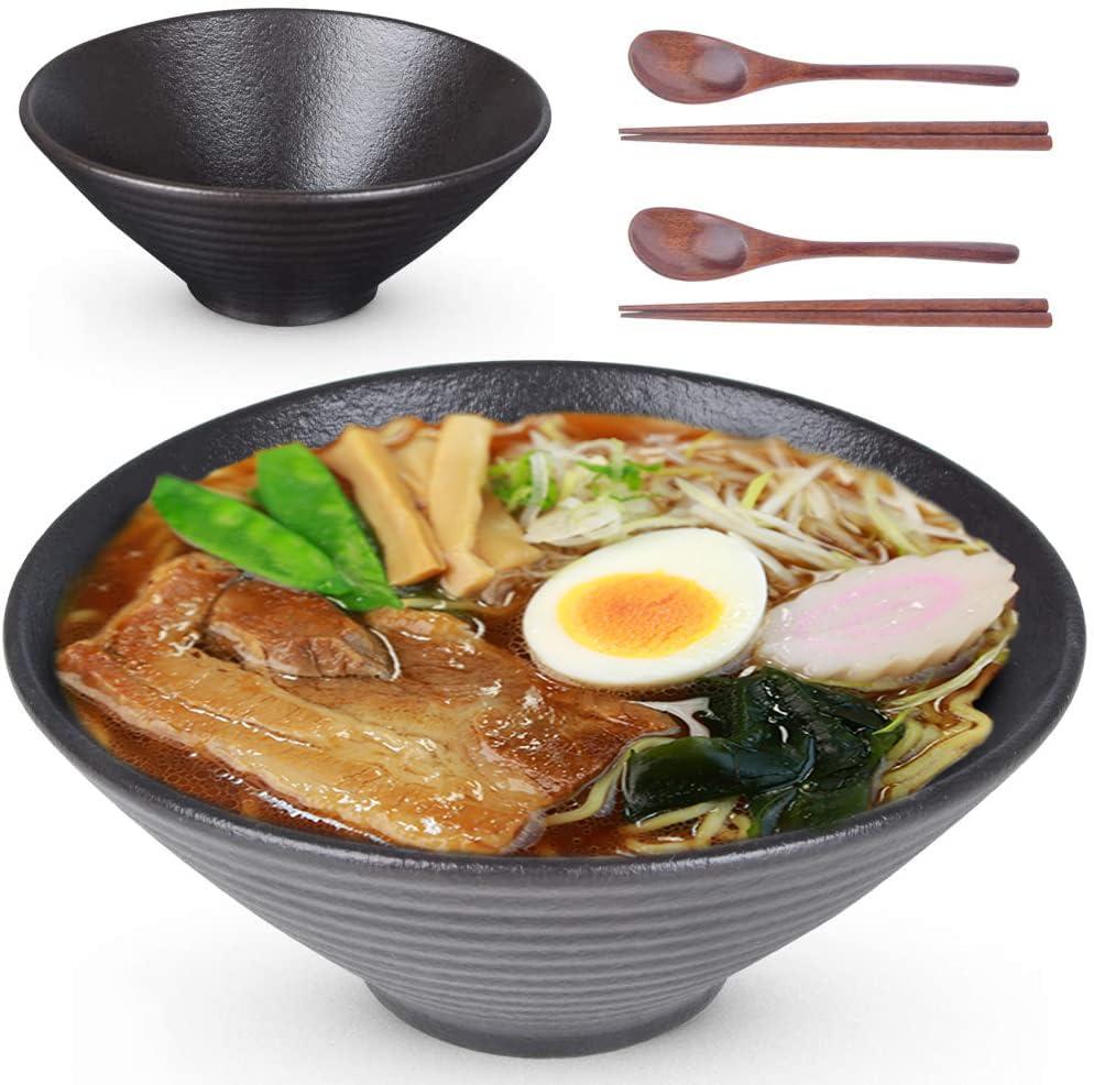 Lareina Ceramic Japanese Ramen Bowls, 2 Sets (6 Piece) 60 Ounce, Large Noodle Soup Bowl with Matching Chopsticks and Spoons for Asian Pho Udon Soba, Matting Black