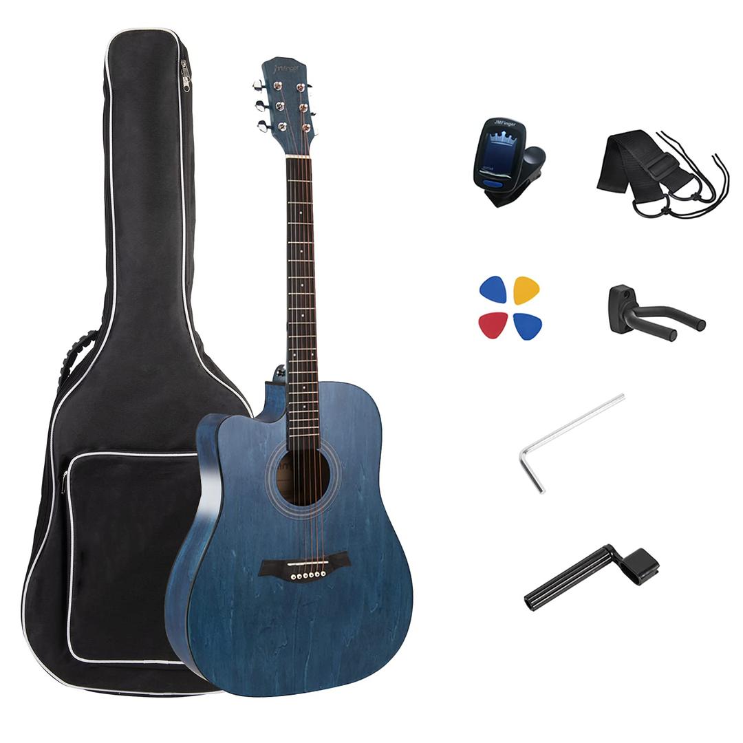 JMFinger Full Size Steel String Acoustic Guitar 41 Inch for Beginners with Gig Bag, Tuner, Strap, Picks, Guitar Hanger, String Winder (Blue)