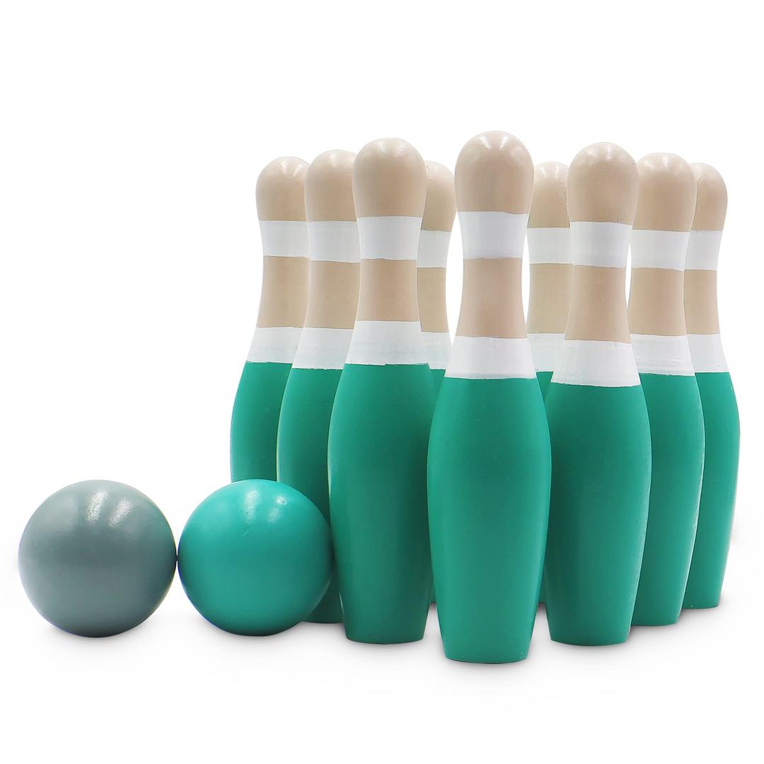 STERLINGSports Wooden Lawn Bowling 9" Skittles Set with Carrying Mesh Bag for Indoors and Outdoors - 10 Wooden Pins and 2 Balls, Green/Turquoise and Gray