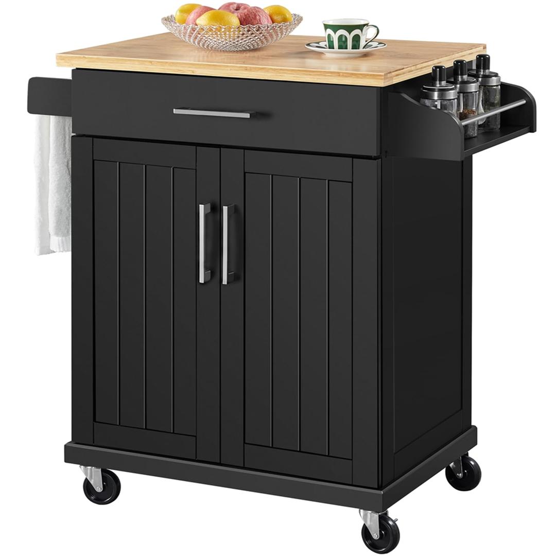 Yaheetech Kitchen Island on Wheels with Storage Cabinet, Rolling Kitchen Cart with Bamboo Top & Drawer & Spice Rack Towel Bar, Microwave Stand Cart for Kitchen/Dining Room, Black