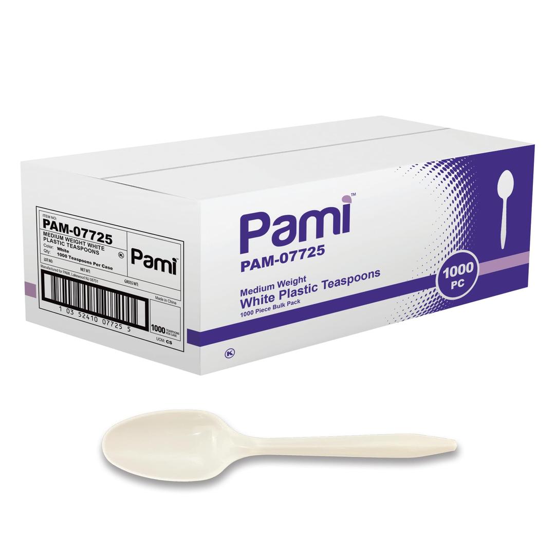 PAMI Medium Weight Disposable Plastic Teaspoons [1000-Pack] - Bulk White Plastic Silverware For Parties, Weddings, Catering Food Stands, Takeaway Orders & More- Sturdy Single-Use Partyware Teaspoons