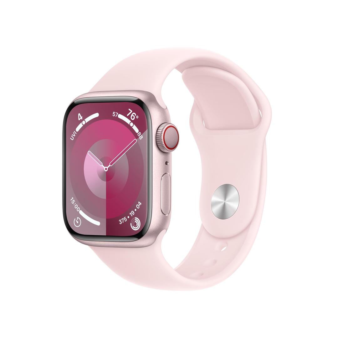 Apple Watch Series 9 [GPS + Cellular 41mm] Pink Aluminum Case with Pink Sport Band S/M (Renewed)