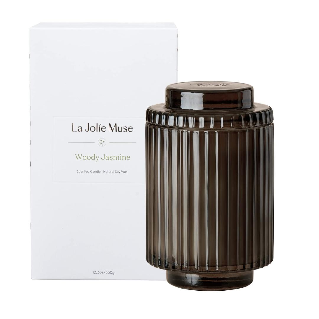 LA JOLIE MUSE Woody Jasmine Candles for Home Scented - Luxury Jar Candles with Aesthetic Glass, Candles Gifts for Women, 80 Hours Long Burning, 12.3oz