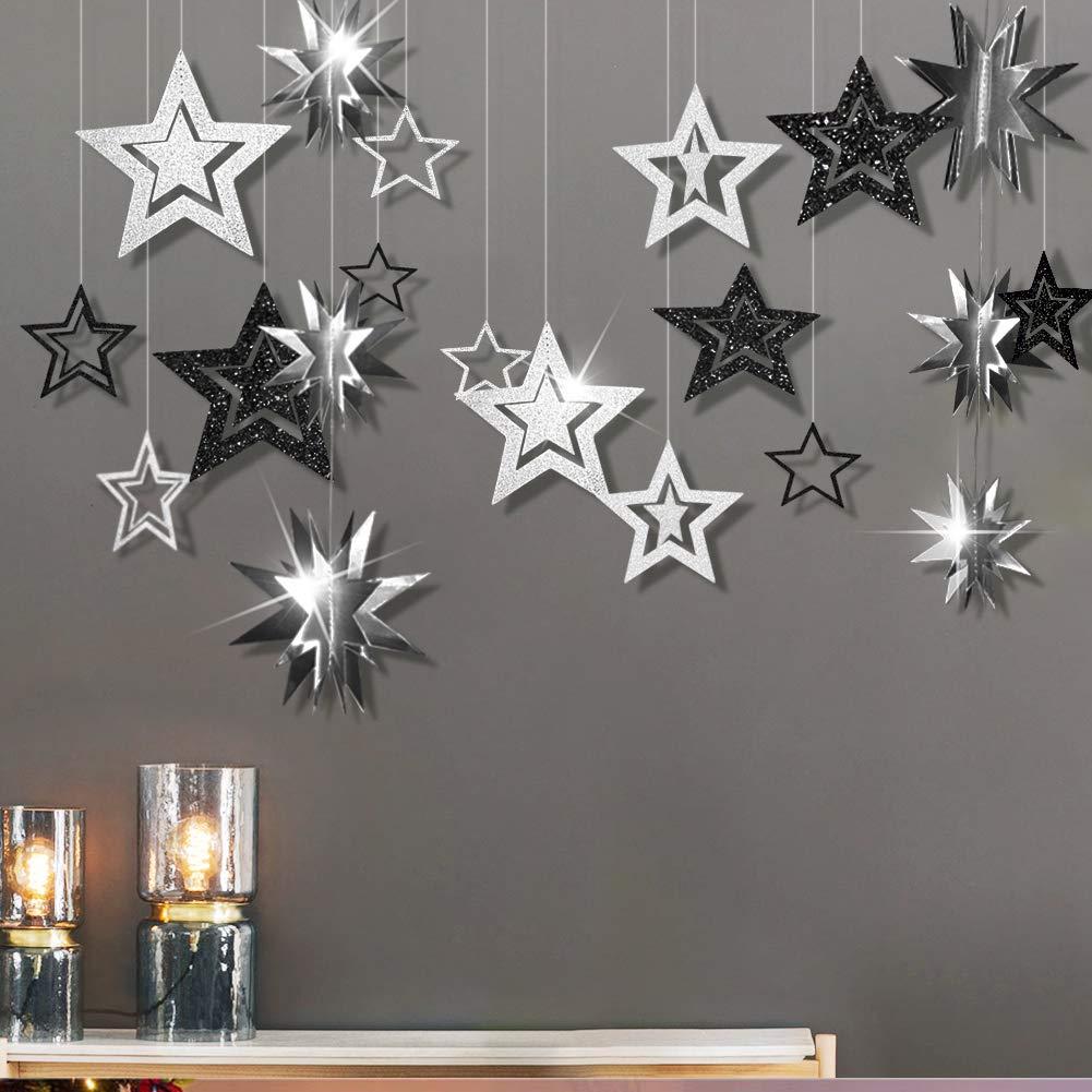 Cheerland Glitter Black Charcoal Silver Star Party Decorations Twinkle Garland Hanging Backdrop Banner Halloween Birthday Bridal Shower Graduation New Years NYE Ramadan EID Wedding Bachelorette Decor