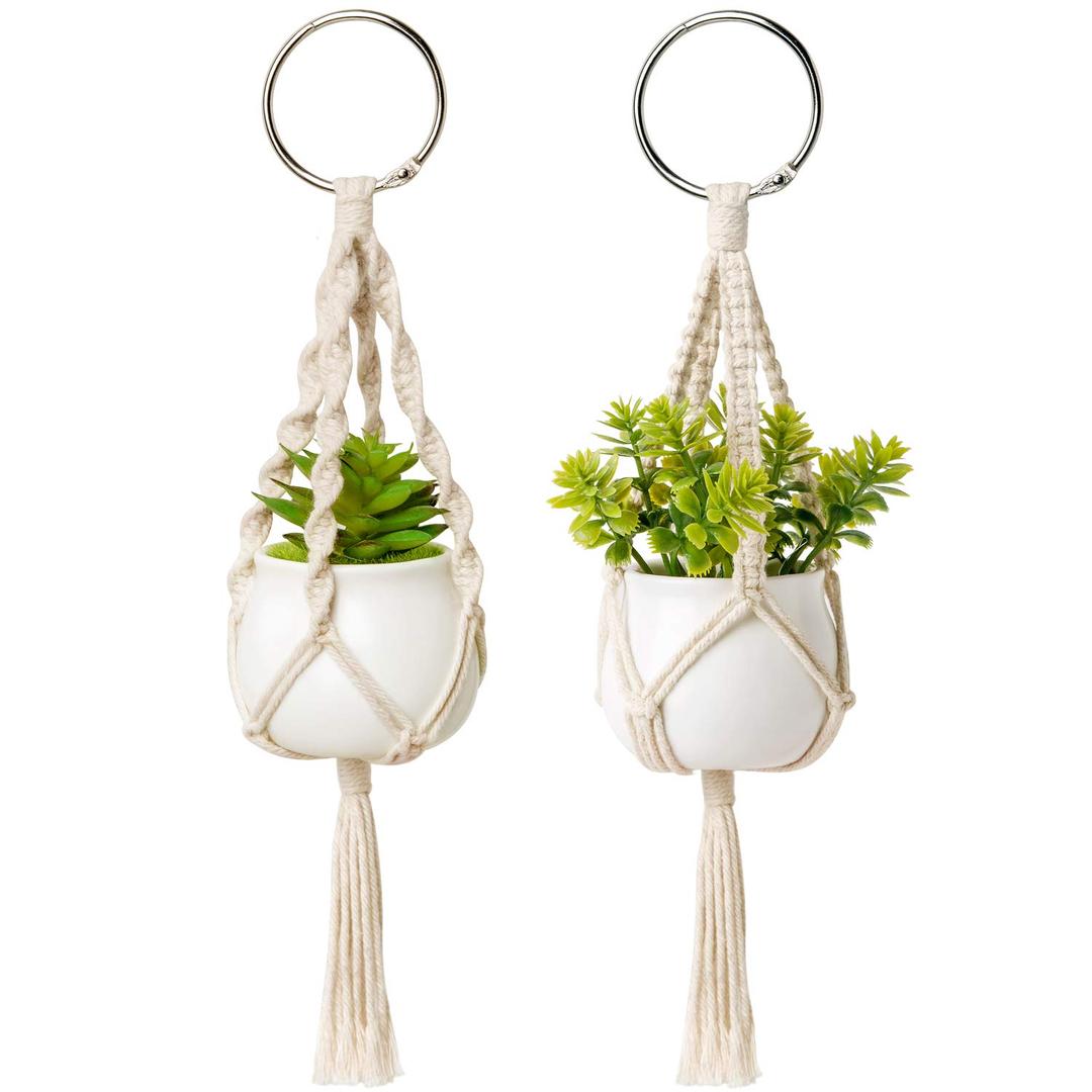 Dahey Mini Macrame Plant Car Accessories Rear View Mirrior Charm Cute Hanging Rearview Car Decor Boho Hanger with Artificial Succulent for Plant Lover, 2 Pcs, 10.5 inch, White