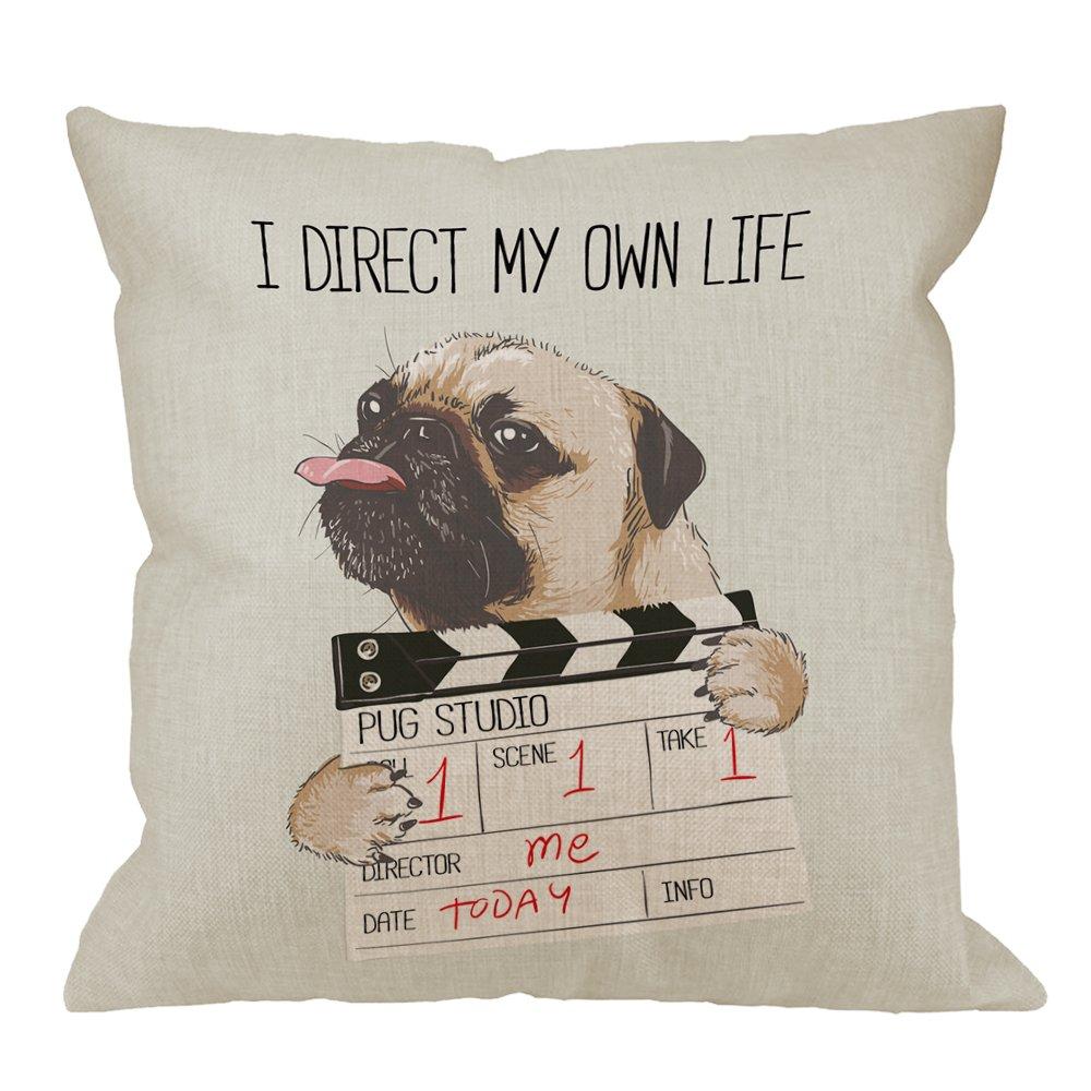 HGOD DESIGNSPug Pillow Covers,Decorative Throw Pillow Pug dog with Director Slate I Direct My Own Life Pillow cases Cotton Linen Outdoor Indoor Square Cushion Covers for Home Sofa couch 18x18 inch