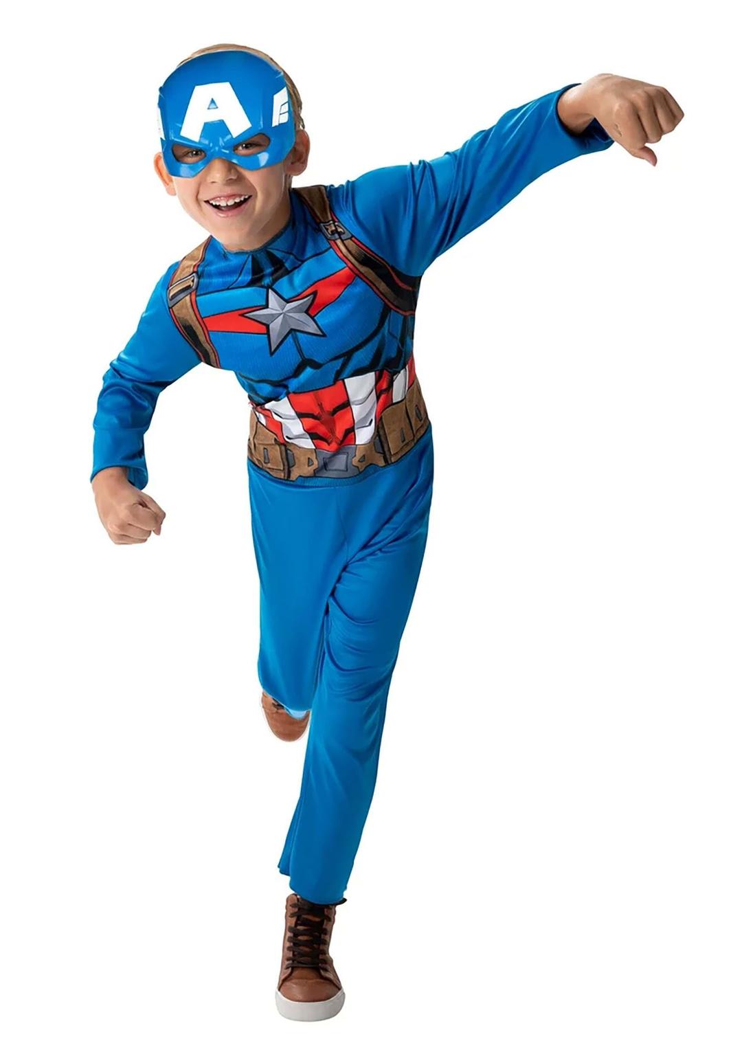 MARVEL Captain America Official Youth Costume - Premium Fabric Jumpsuit with Printed Design and Plastic Half Mask