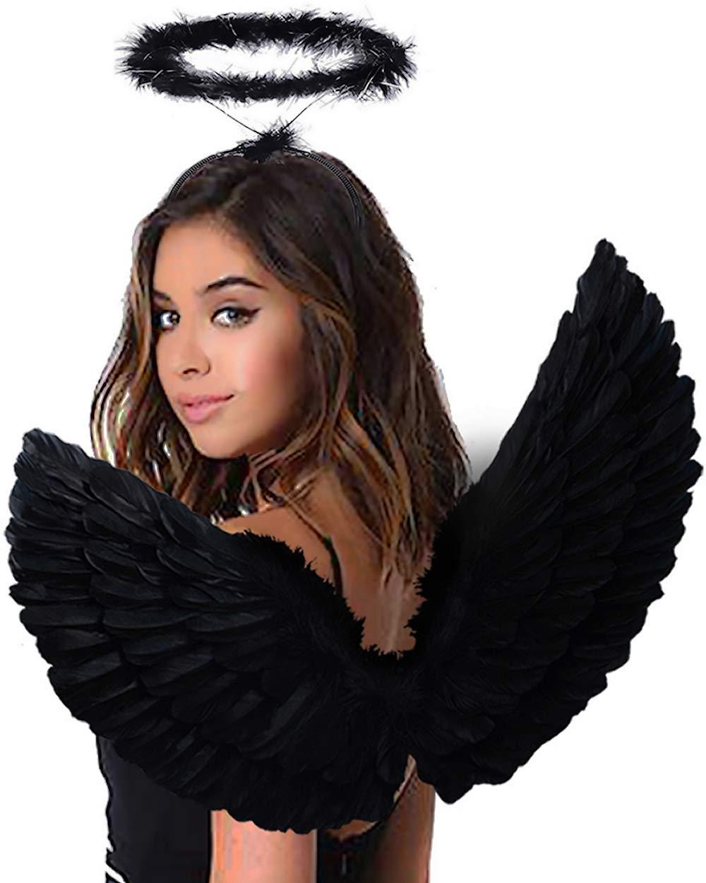 AntspiritAntspirit Angel Black Wings and Halo Angel Costume for Girls Kids Women Halloween (Black)