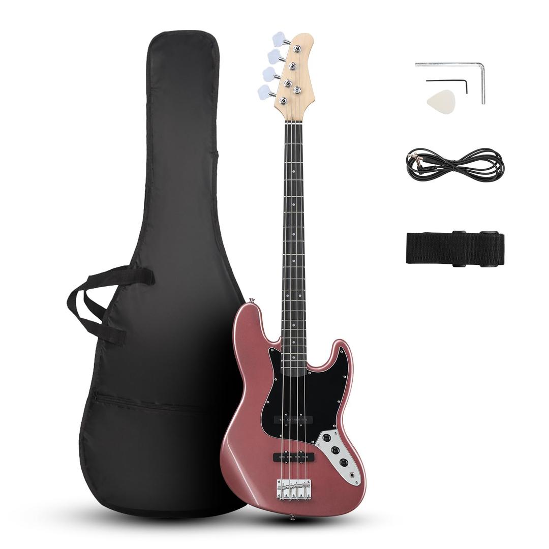 Ktaxon 4 String Electric Bass Guitar Full Size Jazz-Style Bass Guitar with Precise Gear Tuning Machines, Comfort “C”-Shaped Neck, Standard 4-Saddle Bass Bridge and Lightweight Body for Beginner(Pink)