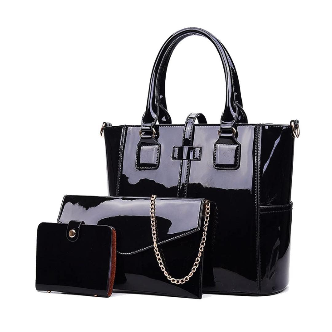 3-PC Patent Women Handbag+Crossbody Bag+Card Bag Shiny Faux Leather Top Handle Satchel Shoulder Tote Bag Purses