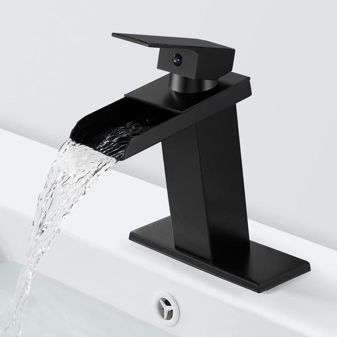 Matte Black Waterfall Bathroom Faucet, Solid Brass, 4 Inch, Single Handle, 1 or 3 Hole, Elegant Matte Black Finish, Wide Mouth Spout, Easy Installation, Great Service