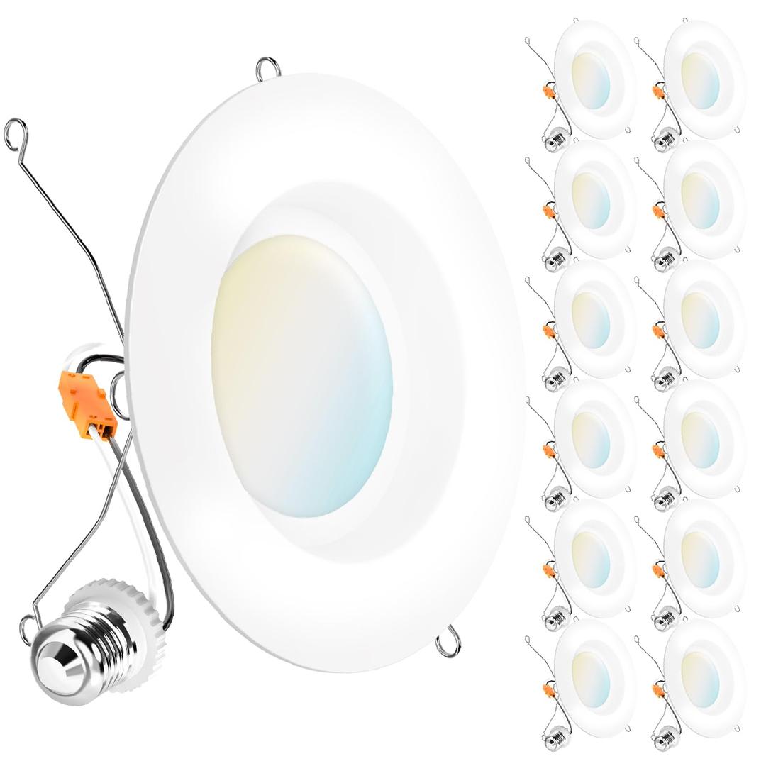 Sunco 12 Pack 5CCT Retrofit LED Recessed Lighting 6 Inch, 2700K/3000K/3500K/4000K/5000K Selectable, Dimmable Can Lights, Smooth Trim, 13W=75W, 965LM, Damp Rated, UL-Certified