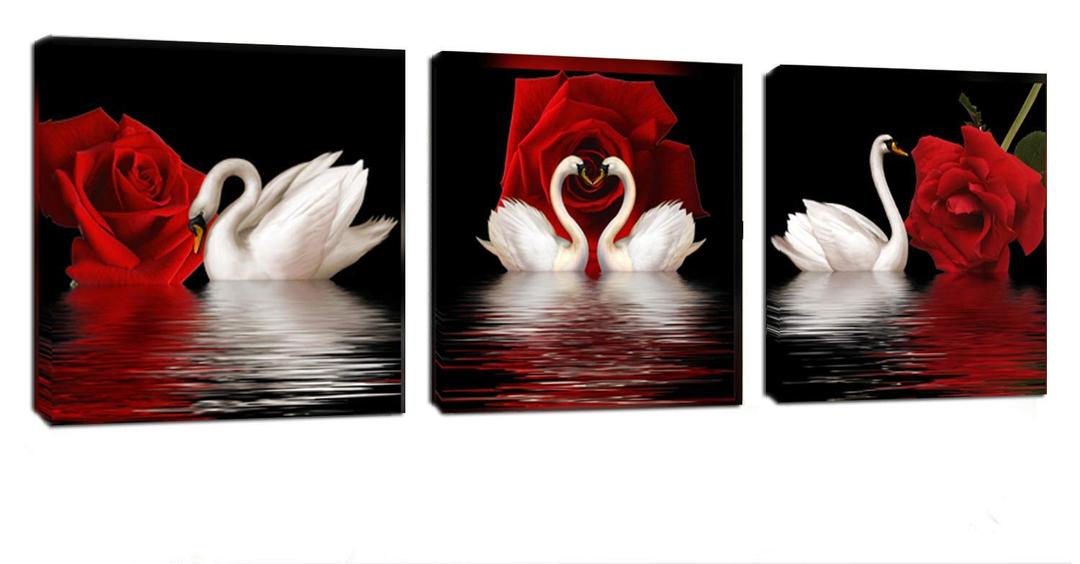 Beautiful Romantic Swans Art Print on Canvas Red Rose Flowers Wall Art Decor Stretched Frames for Bedroom Bathroom Ready to Hang-12“x12"x3 Panels