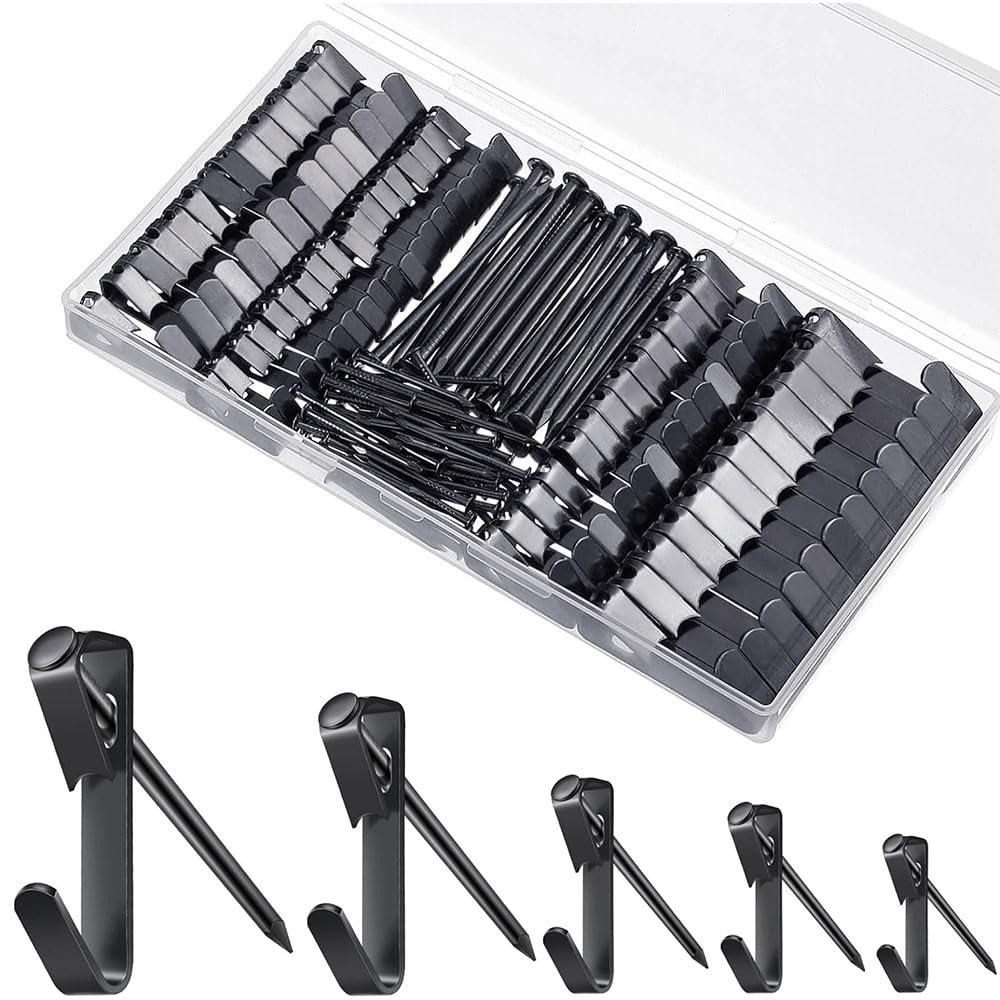 JZS Picture Hangers,Heavy Duty Picture Hanging Kit, Picture Hanging Hooks, Nails for Hanging Picture, Picture Hooks on Wooden Wall / Drywall for Pictures, Canvas, Mirror, Holds 4.5-45KG,130PCS,Black