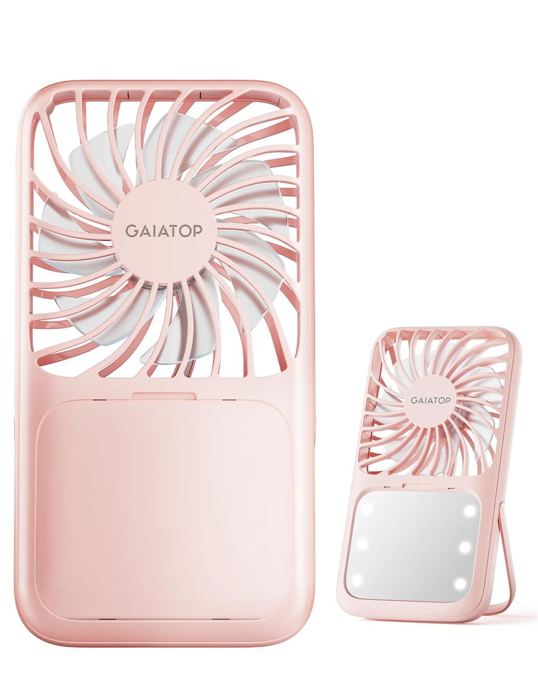 Gaiatop Handheld Mini Fan, 3 Speed Portable Lash Fan Makeup Mirror with LED Light, 2000mAh USB Rechargeable Personal Desk Fan with Stand, Small Hand Fan for Outdoor Travel Gifts for Women Girls Pink