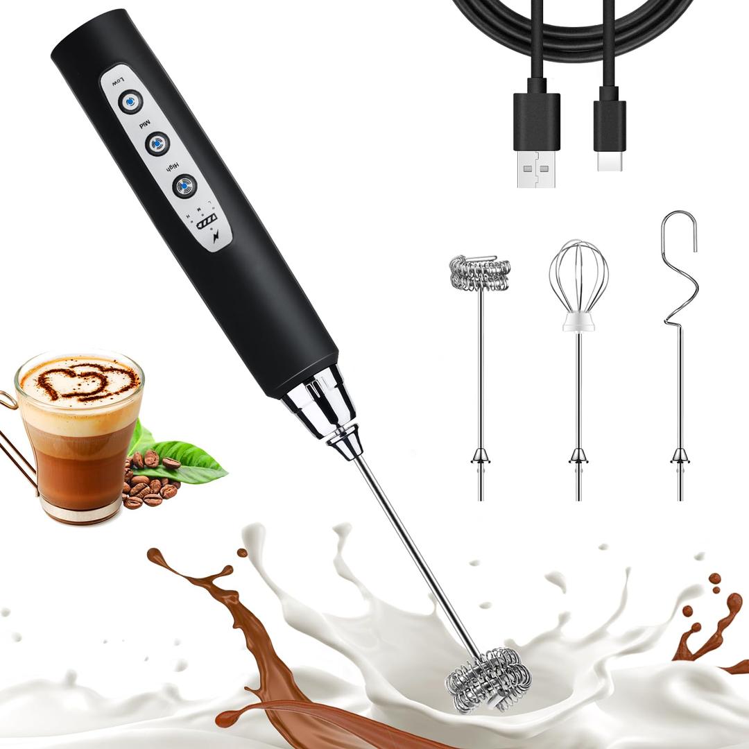 NahidaBlack Milk Frother Wand for Coffee, Frother Handheld Rechargeable Electric Whisk Drink Mixer with 3 Heads 3 Speeds Coffee Frother Electric Stirrer For Latte, Cappuccino, Hot Chocolate