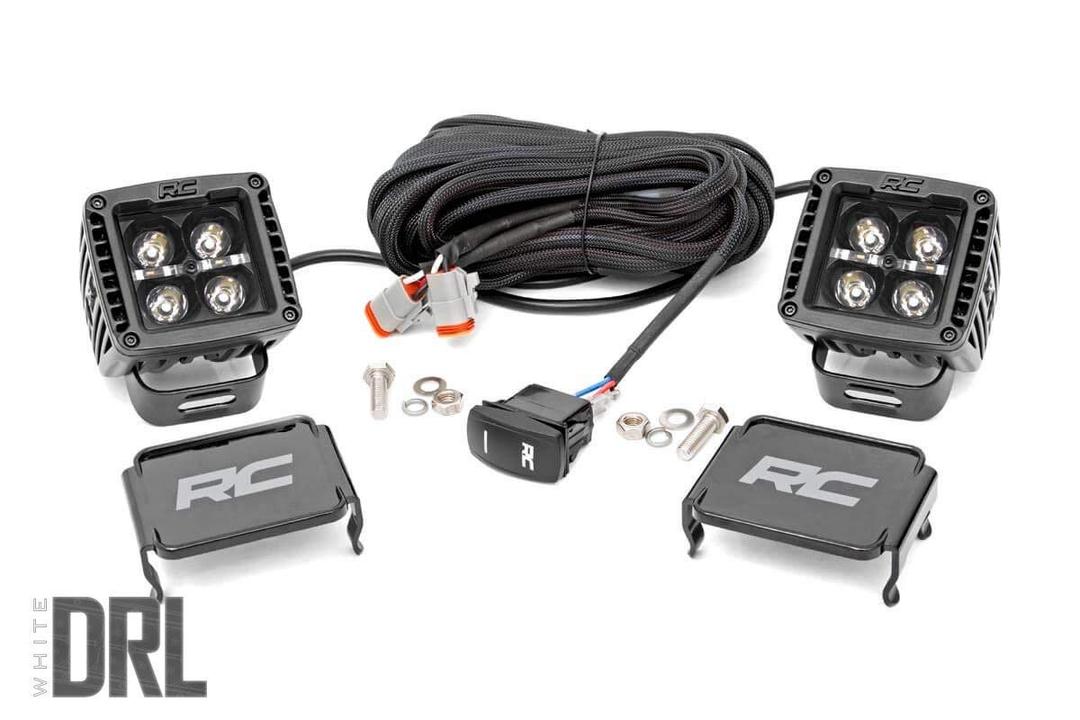 Rough Country 2" LED Light Pods with Cool White DRL - (2) 2-inch Black Series Cube LED, Light Covers, Wiring Harness, Spot Lens