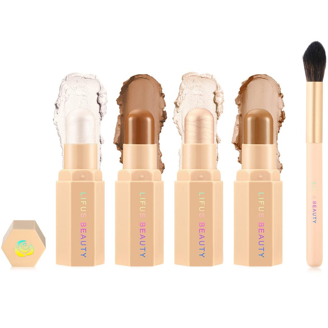 Face Cream Contour Stick Bronzer Stick Highlighter Stick Illuminator Makeup Glow Kit,Long Lasting Highly Piamented Skin Brighten Shadow Contour Bronzer Highlighter Powder Pen Pencil-F1