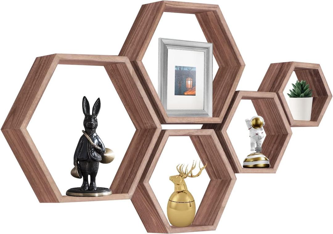 PHOENANCEE Hexagon Floating Shelves,Honeycomb Shelf Set of 5,Octagon Shelves Wall Mounted Hanging Storage Cube Wood for Bathroom Kitchen Bedroom Living Room Office Home