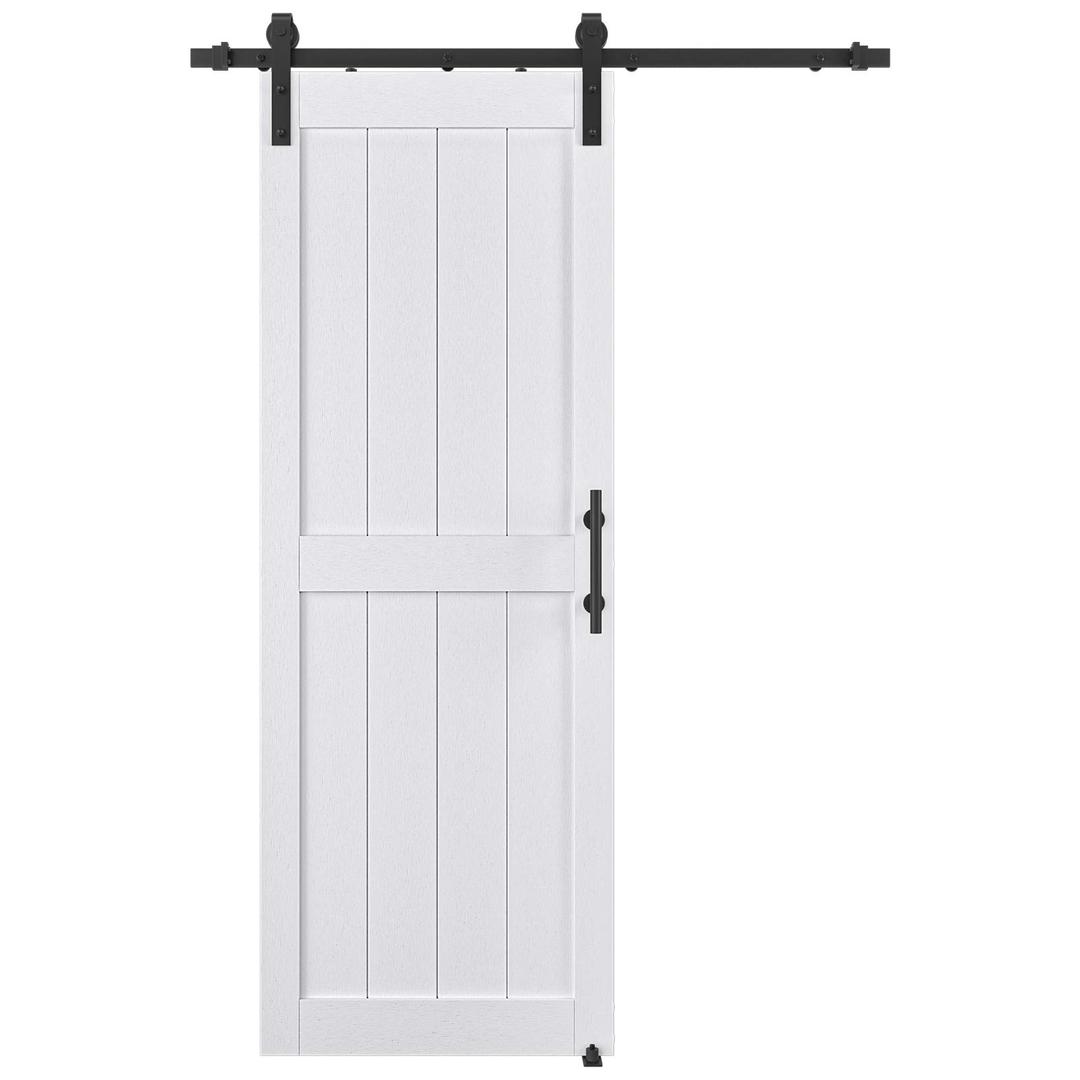 30in x 84in MDF Sliding Barn Door with 5ft Barn Door Hardware Kit & Handle, Pre-Drilled Holes Easy Assembly -Solid Barn Door Slab Covered with Water-Proof PVC Surface, White, H-Frame