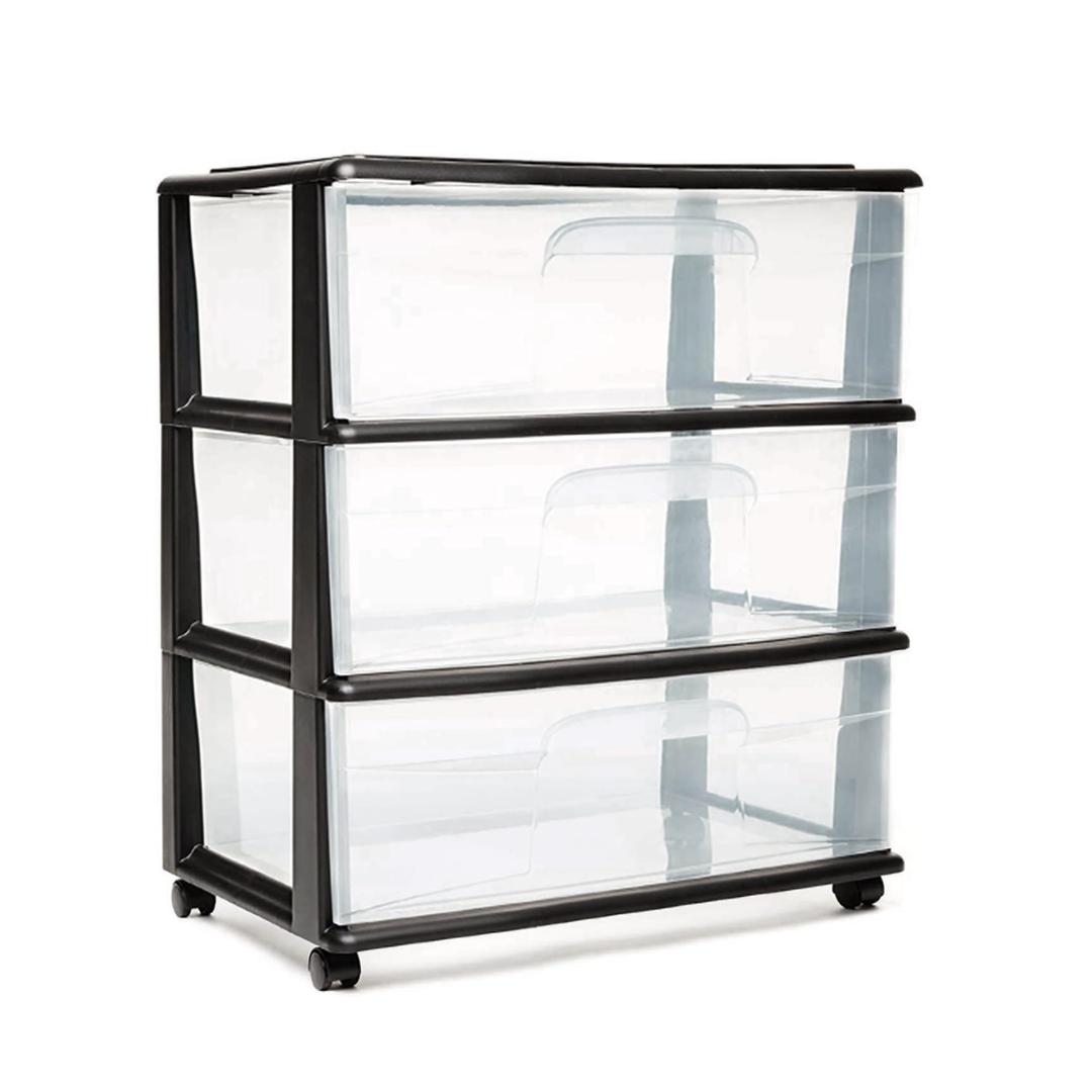 HOMZ 3 Drawer Plastic Storage Organizer Cart with Removeable Wheels, Clear/Black