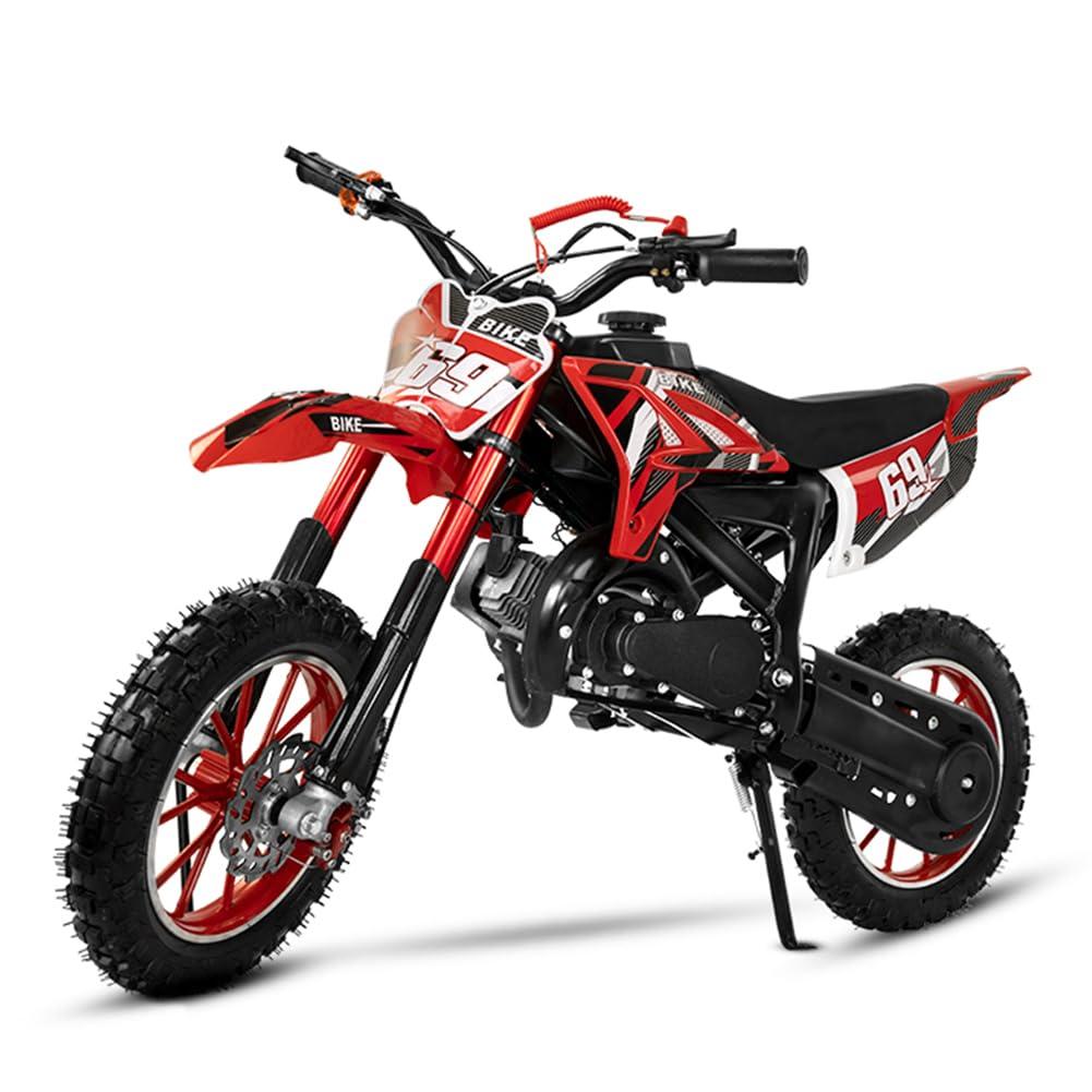 Kids Dirt Bike 49CC 2-Stroke Gas Powered Off Road Motorcycle Tire Shock Absorber Spring Soft Seat Cushion with Front and Rear Disc Brake Off Road Motorcycle Max Speed 40MPH (RED)