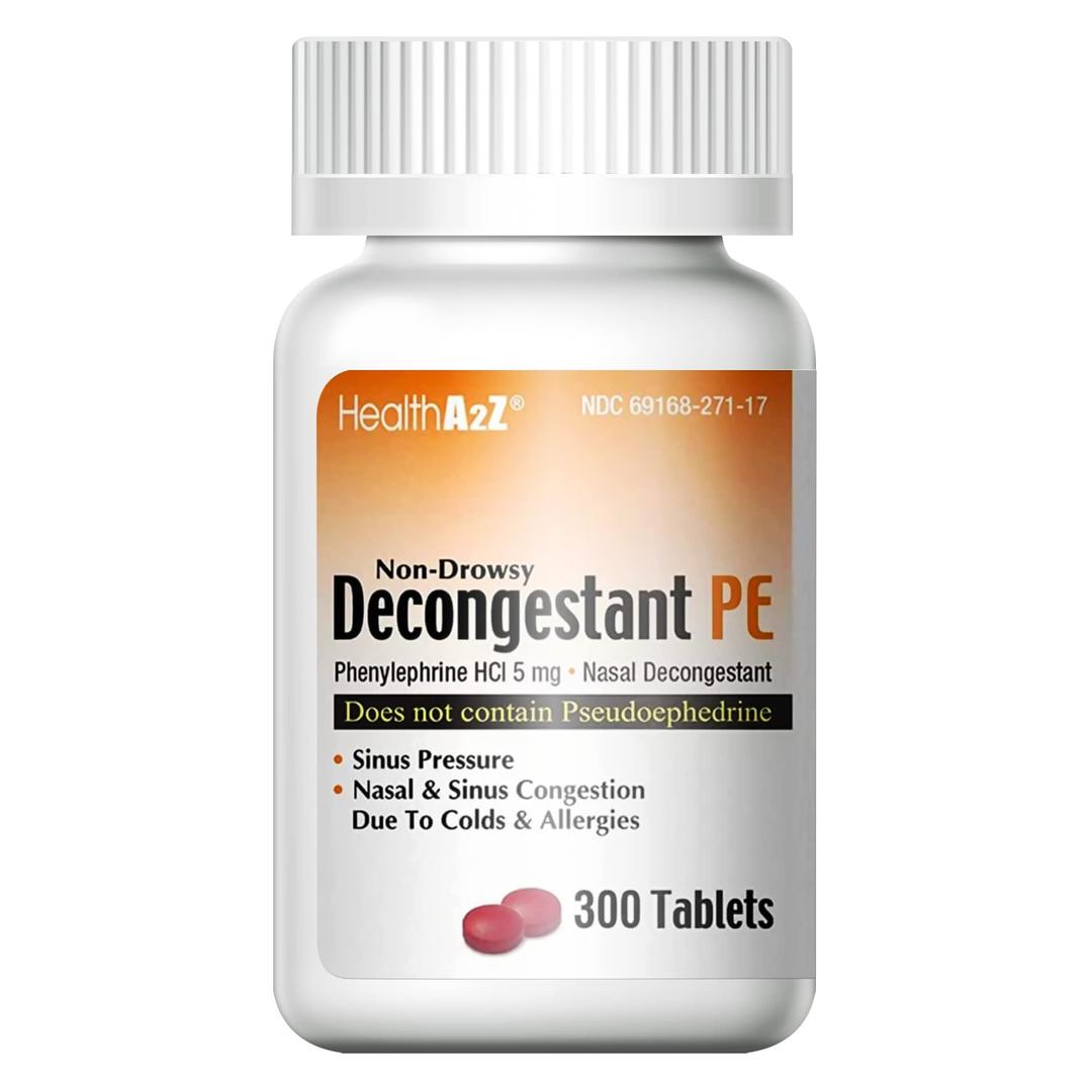 HealthA2ZDecongestant PE | Phenylephrine HCl 5 mg | Non-Drowsy Nasal & Sinus Congestion Relief Due to Cold & Allergies (300 Count, 5mg)