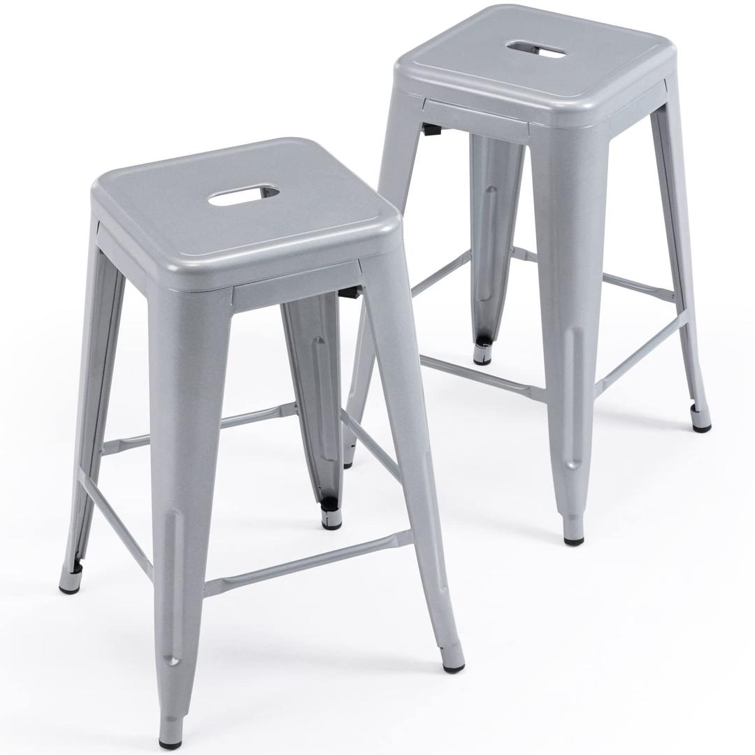 Vogue Furniture Direct 24" High Bar Stools Backless Silver Metal Barstools Indoor-Outdoor Barstools Counter Height Stools with Square Seat, Set of 2 - VF1571021