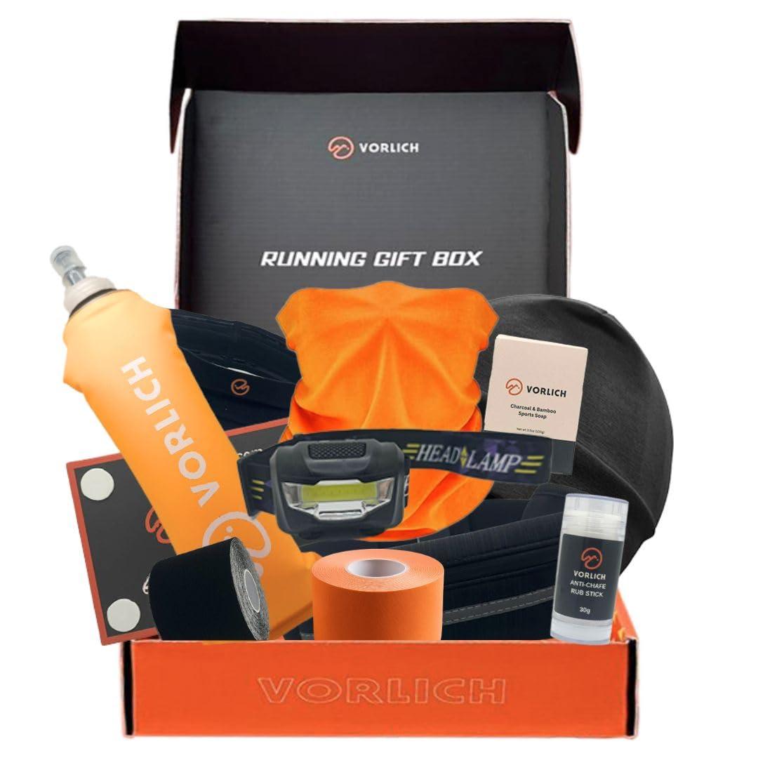 Vorlich® Running Gift Box – 11 Essential Items for Runners for Runners Female & Men – Includes Running Belt, Anti-Chafing Balm, LED Headtorch, Folding Water Bottle & More