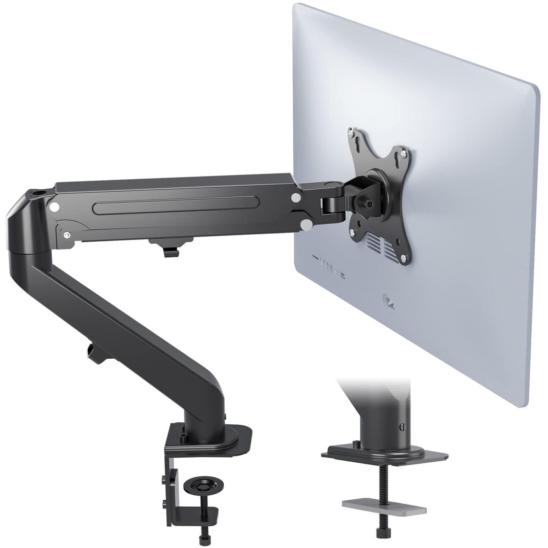 BONTEC Single Arm Monitor Mount for 13-27 inch LCD LED Screen, Height Adjustable Tilt Swivel Rotation Gas Spring Monitor Arm, Desktop Clamp Mount & Grommet Base Install Weight Max 6.5KG, VESA 75/100mm