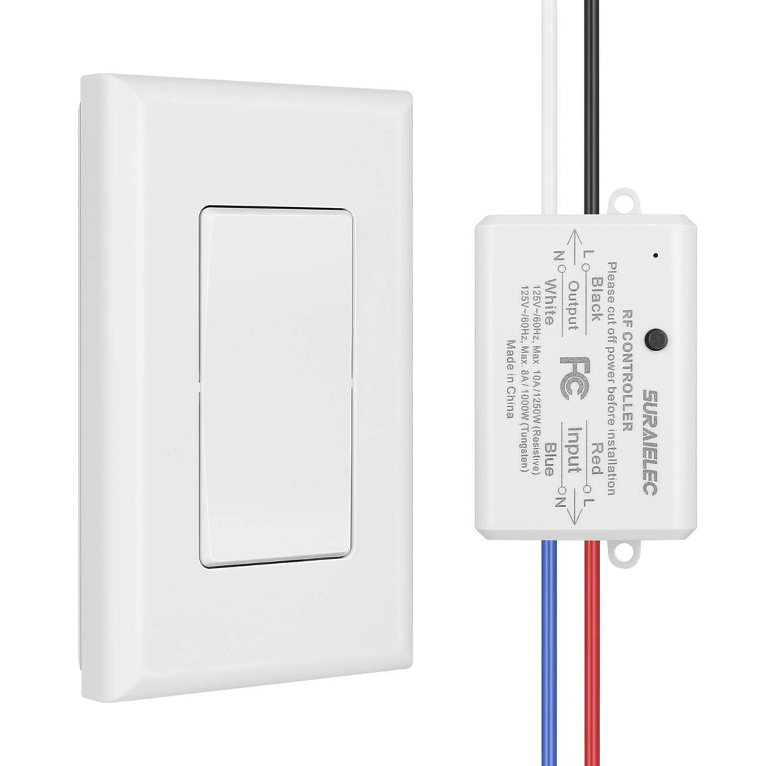 Suraielec Wireless Remote Light Switch, No Wiring, No WiFi, 100ft RF Range, Pre-Programmed, Expandable Wireless Wall Switch and Receiver Kit, Remote Control Light Fixture for Lamp, Ceiling Light, Fan