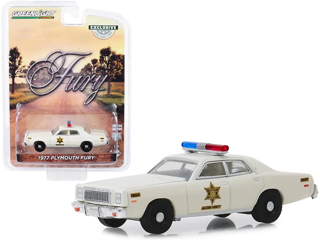 Greenlight 1977 Plymouth Fury Cream Hazzard County Sheriff Hobby Exclusive 1/64 Diecast Model Car