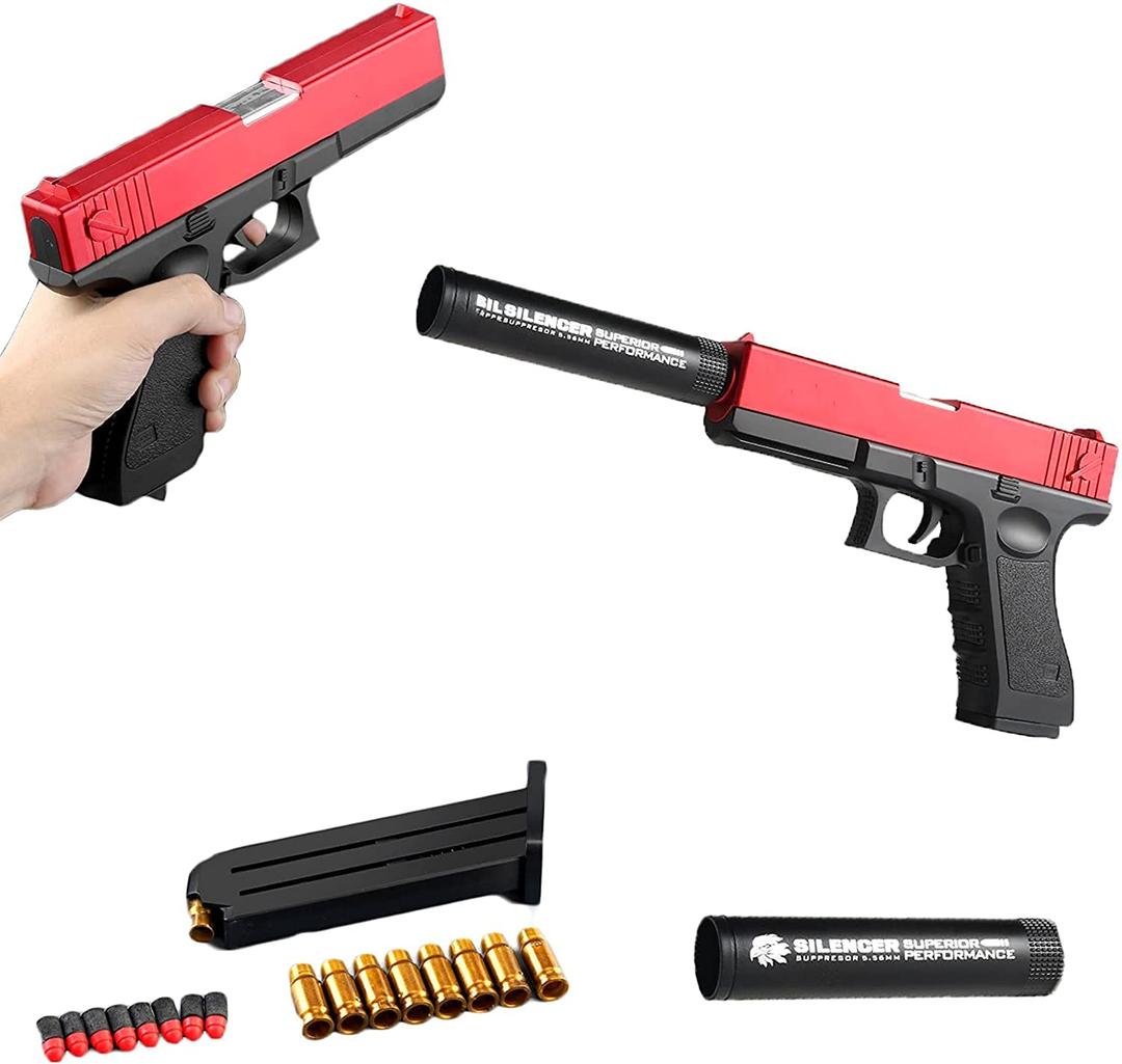 Classic Glock & M1911 Soft Bullet Toy Gun - 1: 1 Size Boys Toy Guns,Shell ejecting Soft Bullet Toy Gun,Colorful Toy Gun with Ejecting Magazine and Silencer (Glock Red)