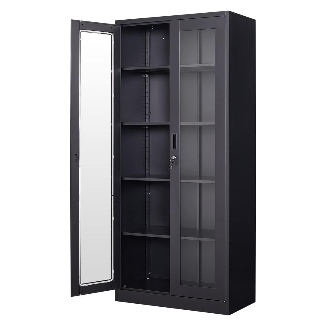 Display Cabinet with Glass Doors, Curio Cabinets with 4 Adjustable Shelves, Locking Glass Cabinet Display Case for Home, Office, Clinic, Pantry, Assemble Required, Black