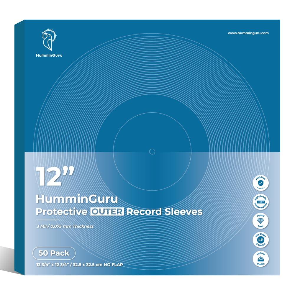 HumminGuru Vinyl Record Outer Sleeves 12 Inch, Crystal Clear, High-Density Plastic Protective Outer Record Sleeves for Single & Double LP Album Covers, 3Mil, 50 Pack (12" Seamless Outer Sleeves)