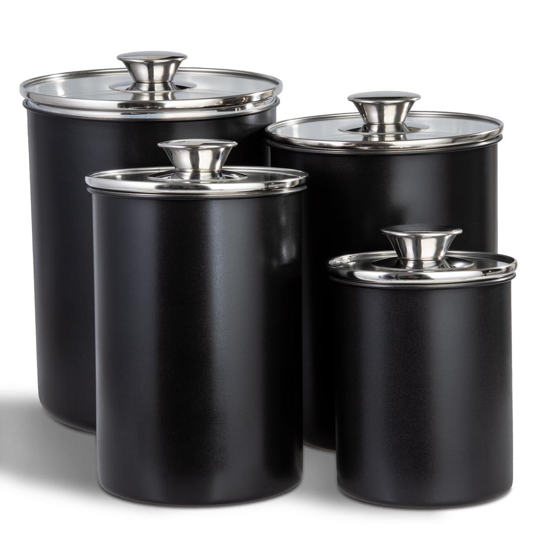 malmo Stainless Steel Food Canister Set of 4-Piece, 40.5/71/98/132 Ounces,Airtight Containers with Glass Lid for Tea,Coffee,Sugar,Flour,Pantry Kitchen Storage Storeroom Counter (Black)