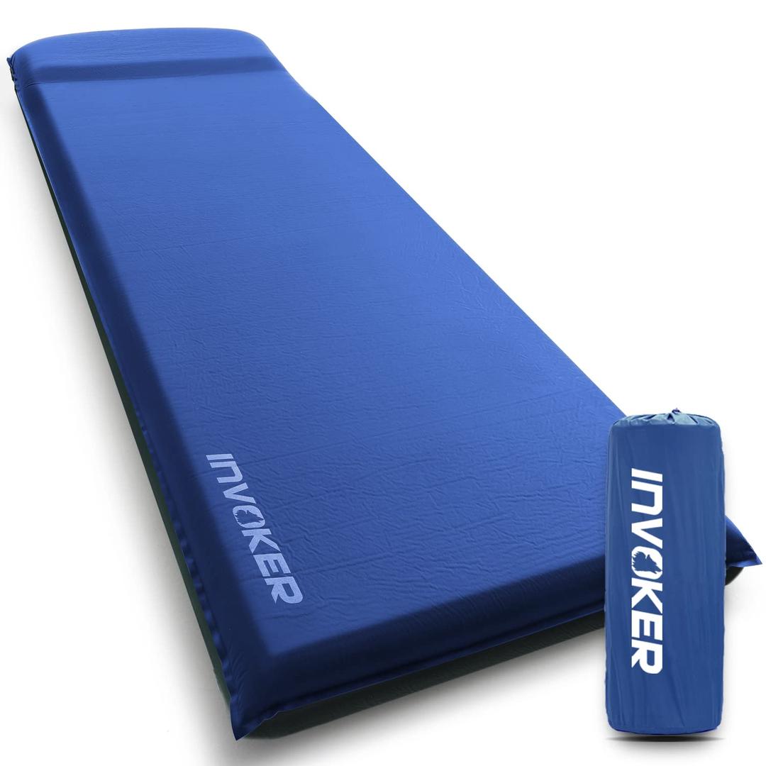 INVOKER Camping Sleeping pad – 3.1 inch UltraThick Elasticity Foam Self-Inflating Insulated Durable Camping Mat Air Mattress with Pillow, for Tent, Car, Camping, Traveling, Blue