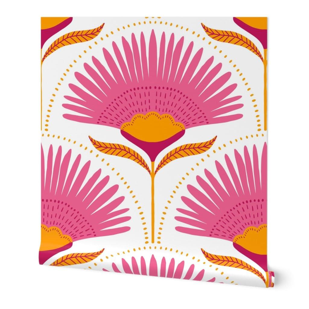 Spoonflower Peel & Stick Wallpaper Swatch - Tropical Floral Botanical Boho Bright Palm Pink Orange Large Scale Exotic Colorful Leaf Flower Custom Removable Wallpaper