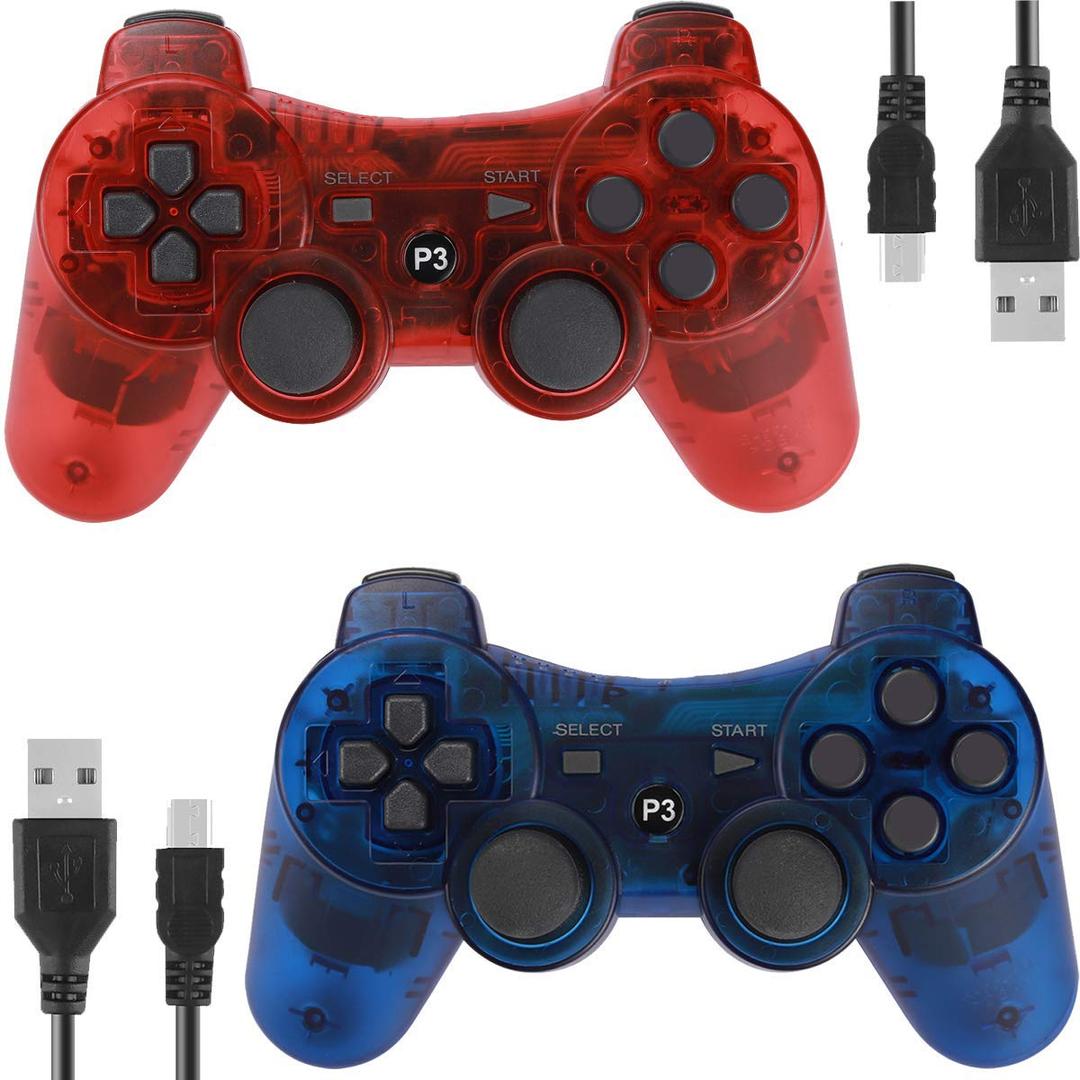 Controllers for PS3 Playstation 3 Dual Shock, Wireless Bluetooth Remote Joystick Gamepad for Six-axis with Charging Cable (Pack of 2, ClearBlue and ClearRed)