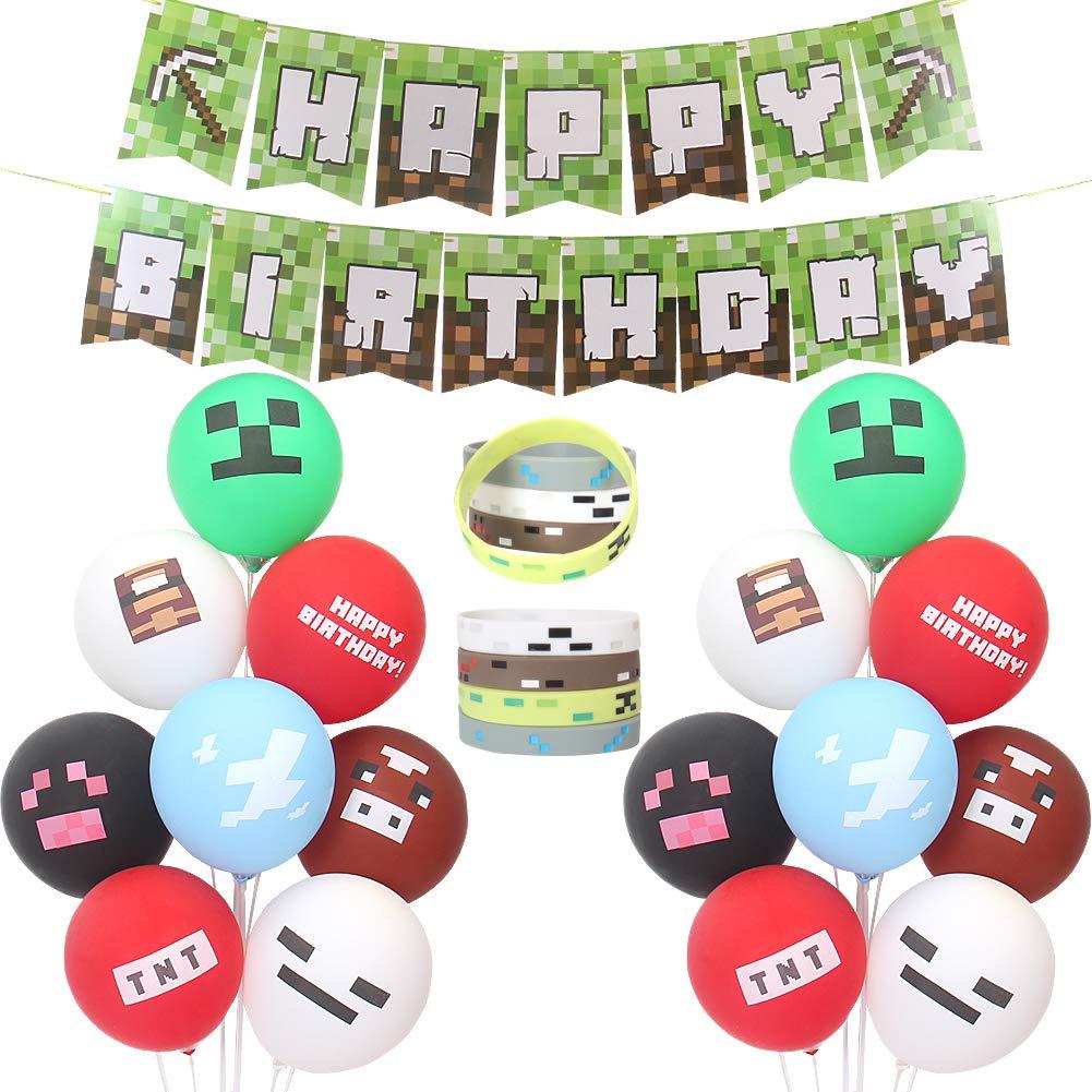 Yunfan Gaming Theme Party Supplies- Including Happy Birthday Banner 1Pcs,Video Game Party Balloons 24Pcs, 8 bracelets，12 inch Gaming Birthday Balloons for Miner Gamer Party Favors