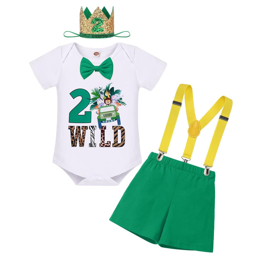 IBTOM CASTLEBaby Boy 1st Birthday Outfit Jungle Woodland Animal Romper & Bloomers & Suspenders 3PCS Clothes Suit Photography